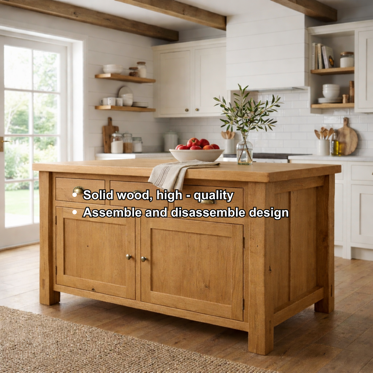 Solid Wood Farmhouse Kitchen Island with 3 Drawers and Double Cabinet Storage Kitchnce