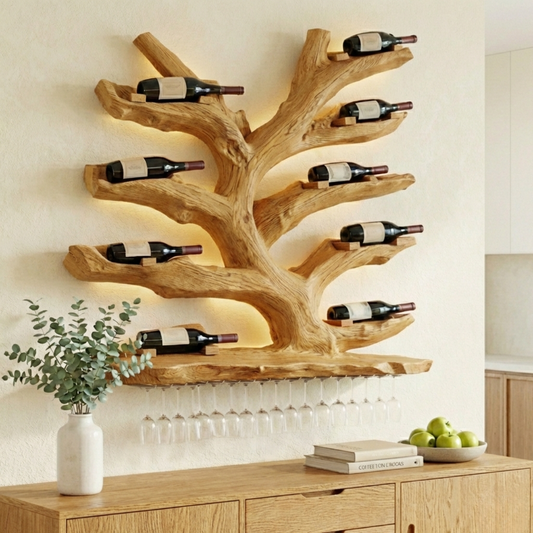 Handcrafted Solid Wood Wall Wine Holder – Tree-Inspired Wine Rack with Glass Storage