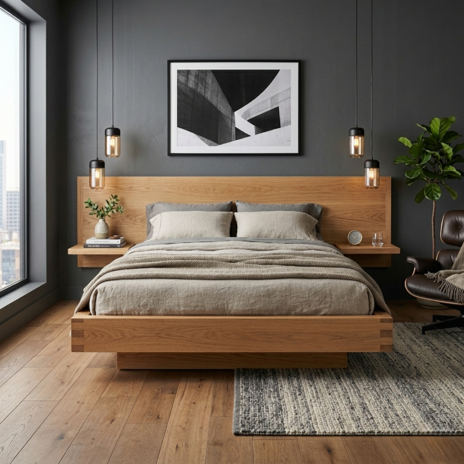 Solid Wood Platform Bed Frame with Extended Headboard Shelf