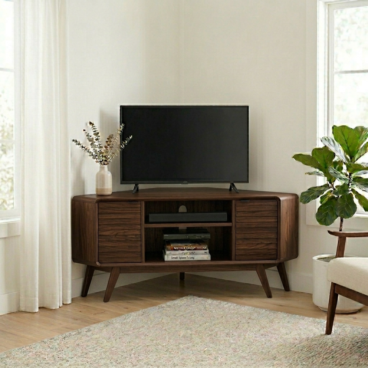 Solid Wood Corner TV Stand with Mid-Century Legs and Cabinet Storage