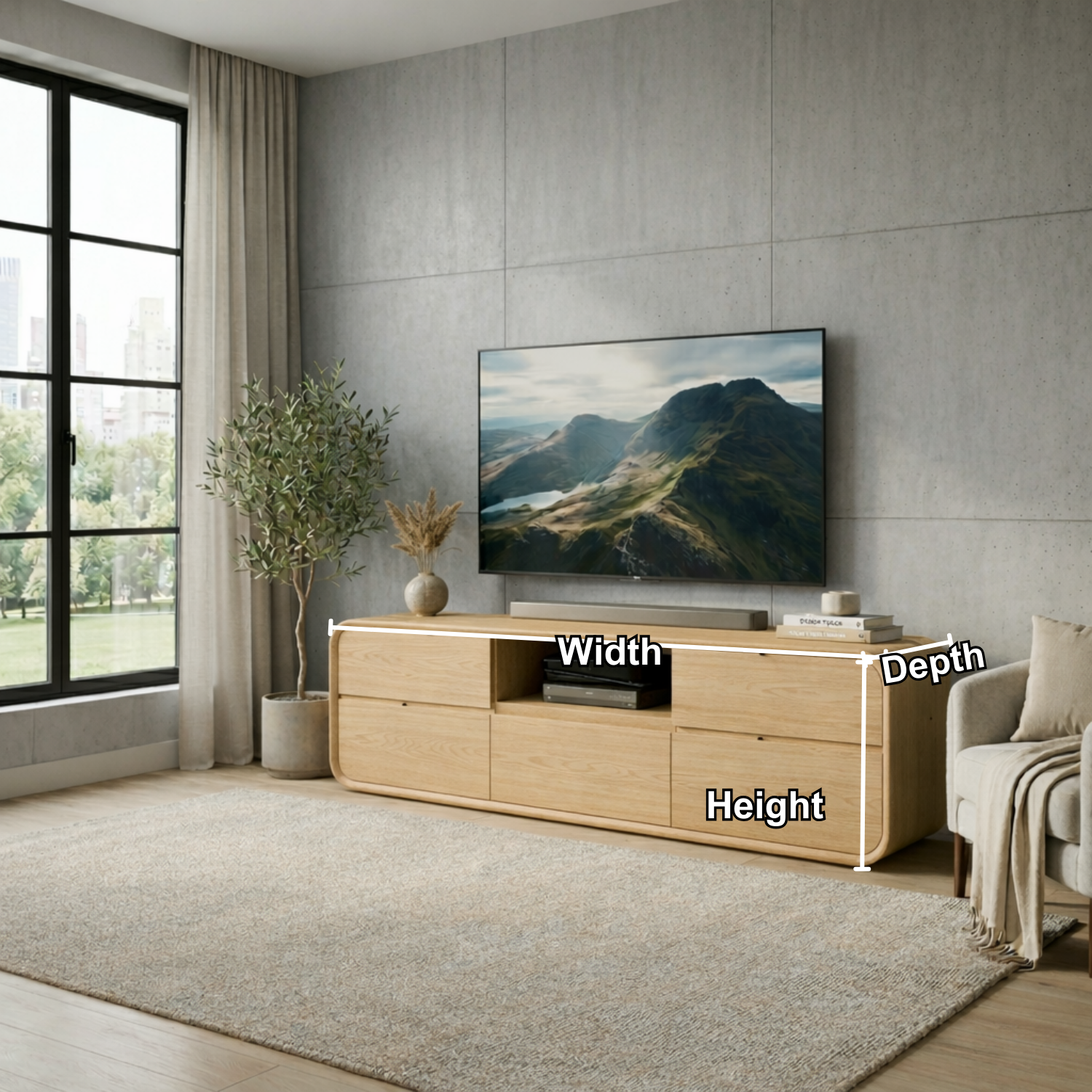 Solid Wood TV Stand with Drawers and Open Shelf – Modern Rounded Media Console Kitchnce
