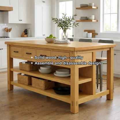 Solid Wood Kitchen Island with Drawers and Open Shelves – Farmhouse Butcher Block Prep Table Kitchnce