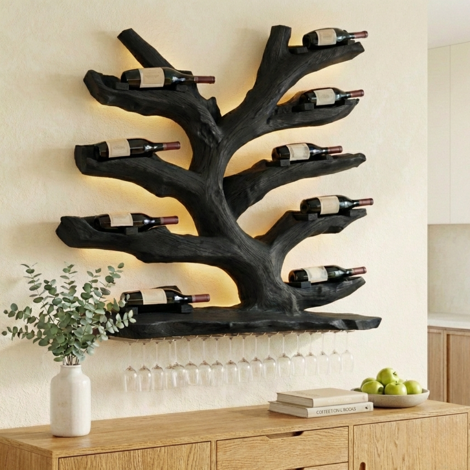 Handcrafted Solid Wood Wall Wine Holder – Tree-Inspired Wine Rack with Glass Storage