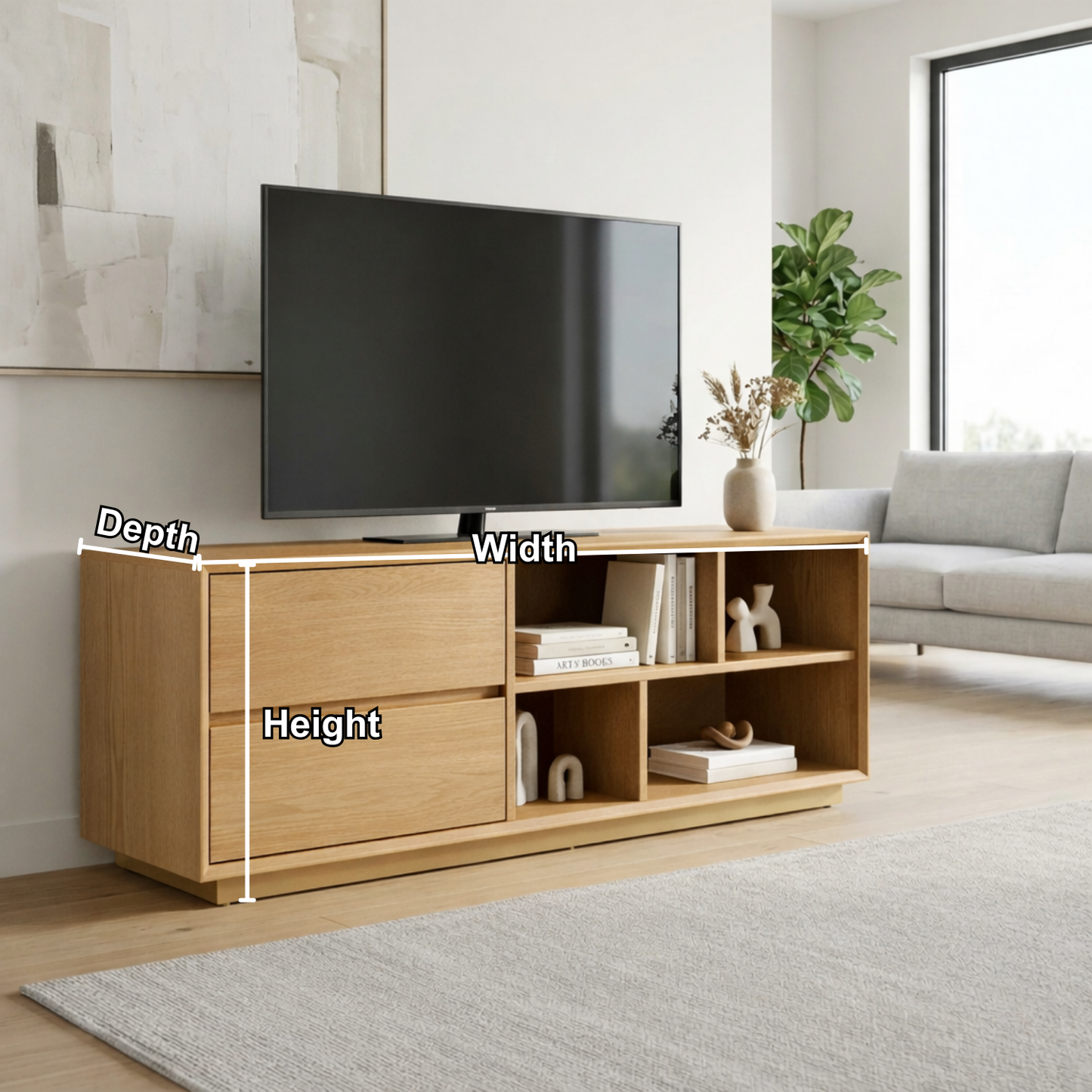 Modern Solid Wood TV Stand with Storage Drawers and Open Shelves – Minimalist Media Console Kitchnce