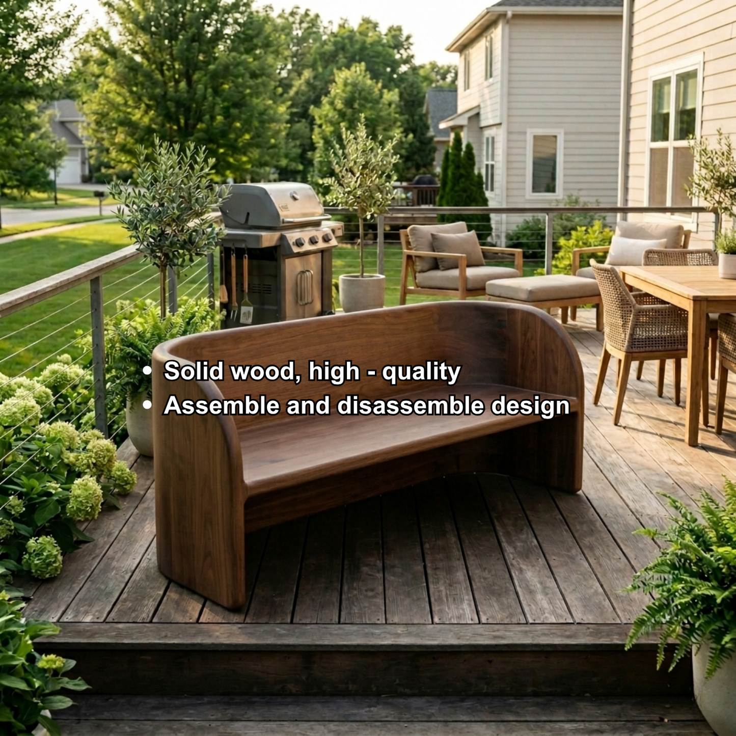 Solid Wood Outdoor Bench with Curved Backrest Sculptural Wraparound Design