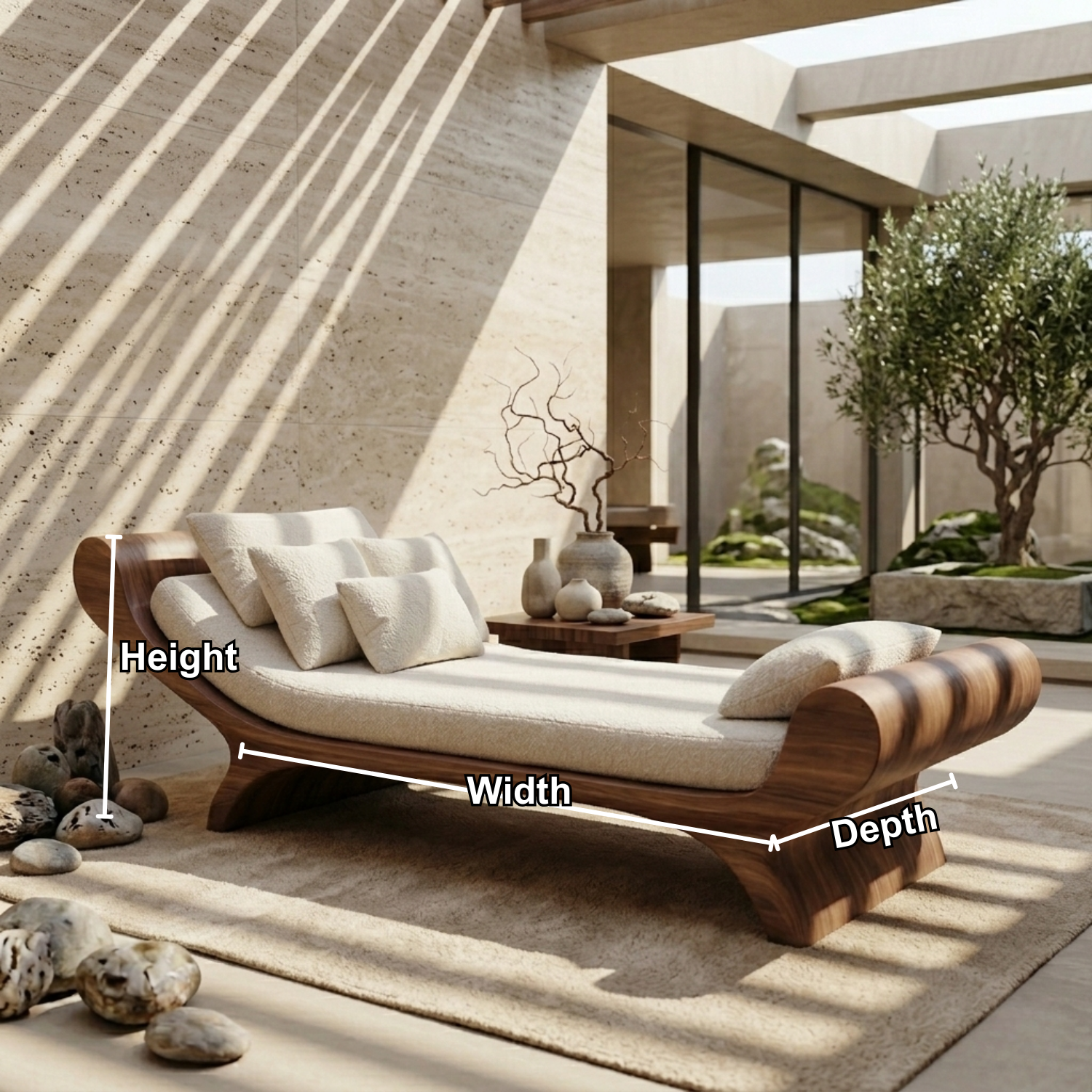Solid Wood Daybed Frame with Sculptural Curved Design – Modern Minimalist Lounge Bed Kitchnce
