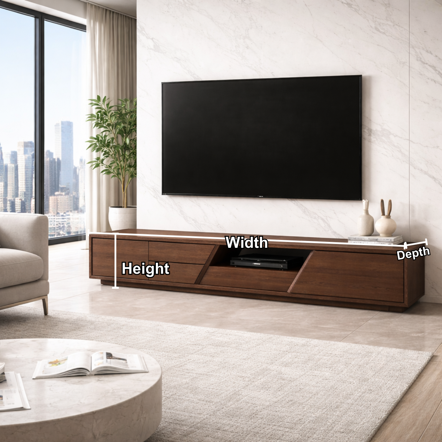 Extra Long Solid Wood TV Stand with Angled Open Shelf – Modern Low Profile Media Console Kitchnce