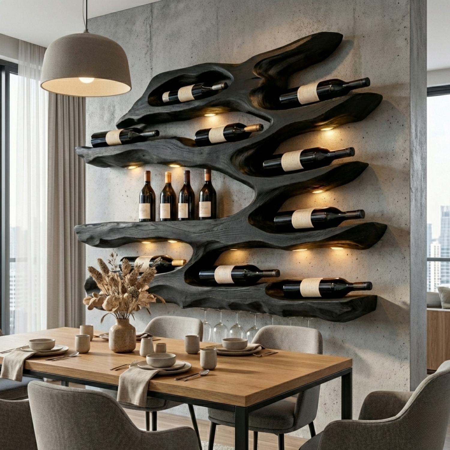 Handcrafted Solid Wood Wall Wine Holder – Live Edge Sculptural Wine Rack with Glass Holder