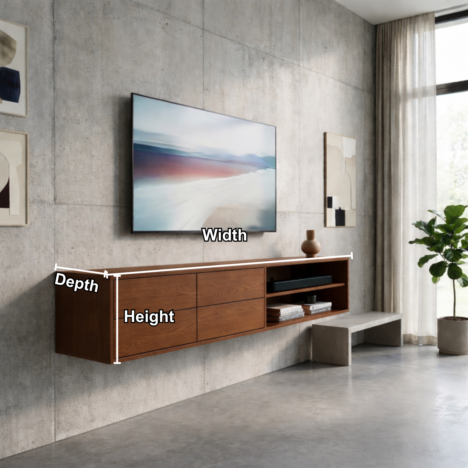Floating Solid Wood TV Stand with Drawers and Open Shelf – Modern Wall Mounted Media Console Kitchnce