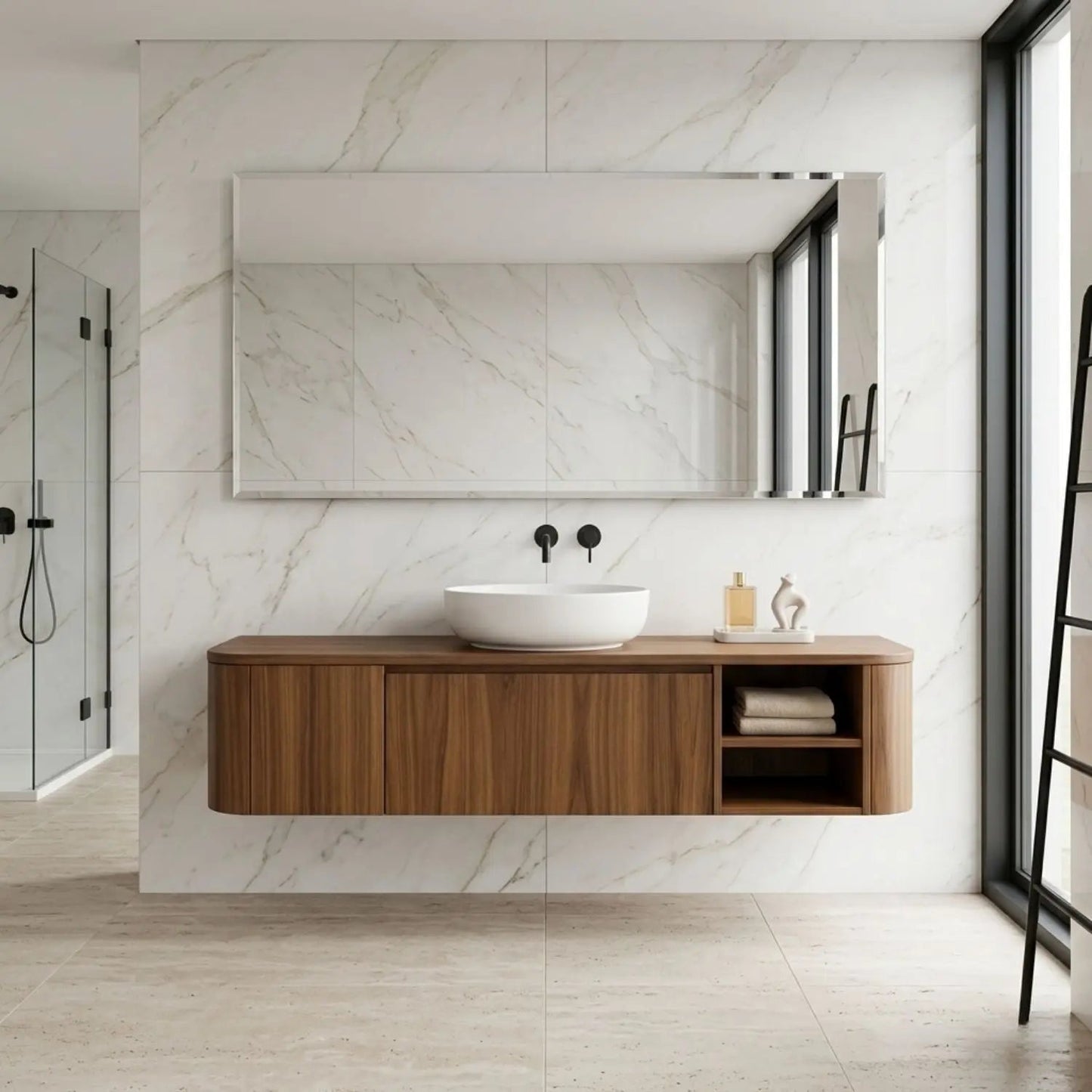 Floating Bathroom Vanity with Rounded Side Panel and Open Shelf Storage Cabinet Kitchnce