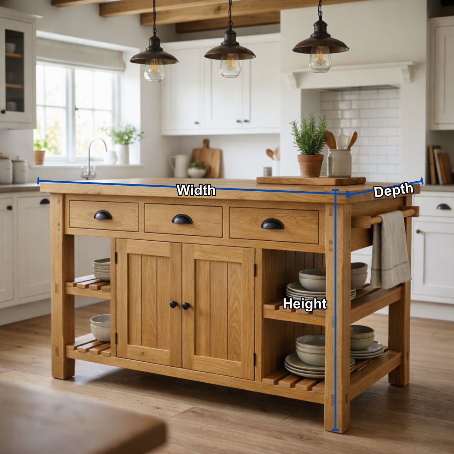 Farmhouse Solid Wood Kitchen Island with 3 Drawers, Cabinet and Open Shelves Kitchnce