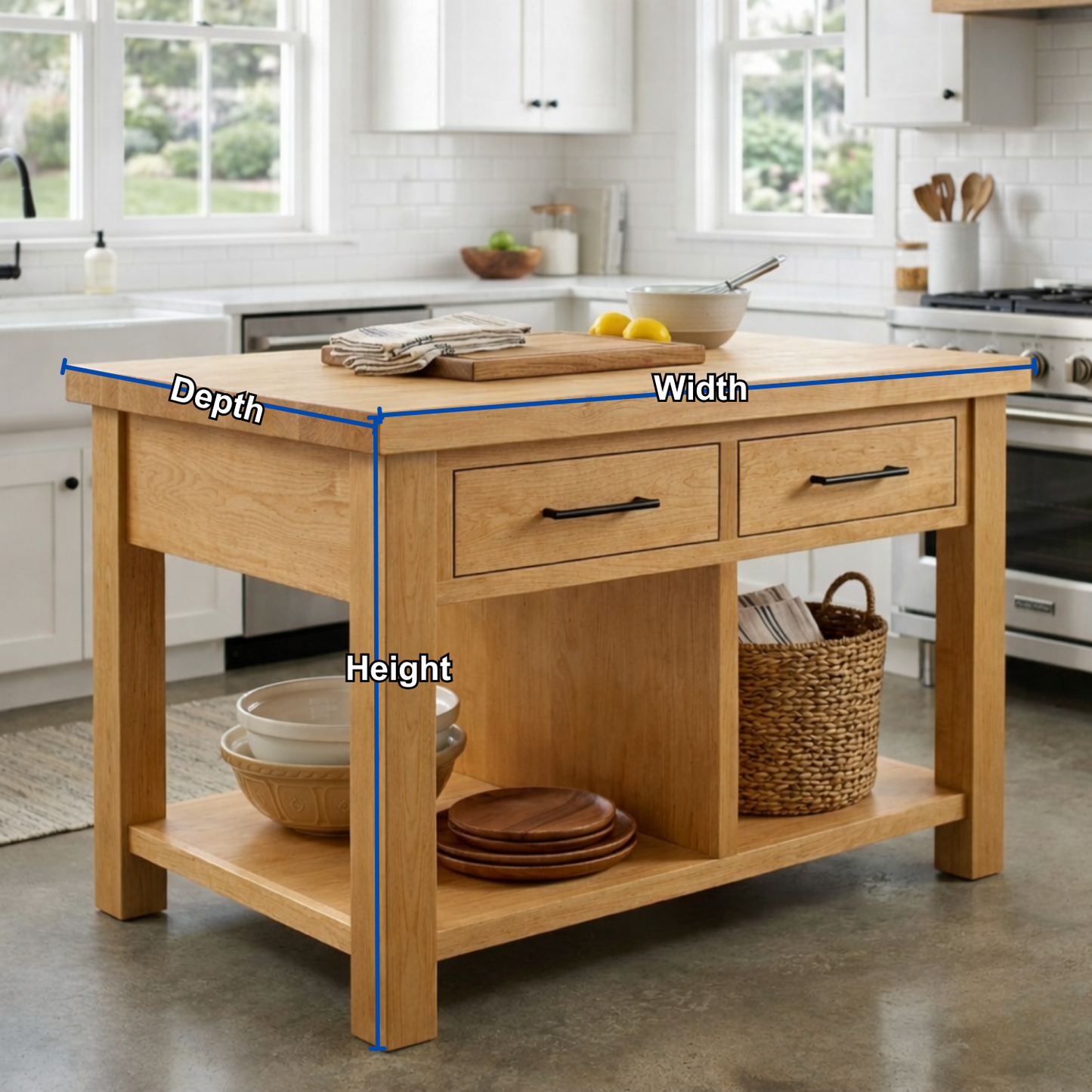 Solid Wood Kitchen Island with 2 Drawers and Open Shelf – Farmhouse Prep Table Kitchnce