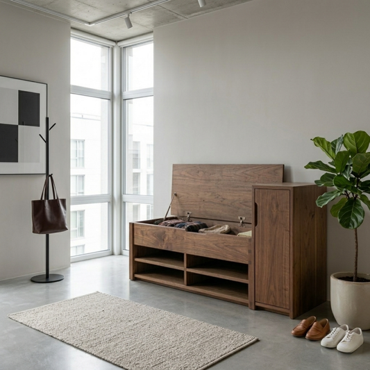 Solid Wood Shoe Storage Bench with Lift Top & Side Cabinet – Entryway Storage Bench