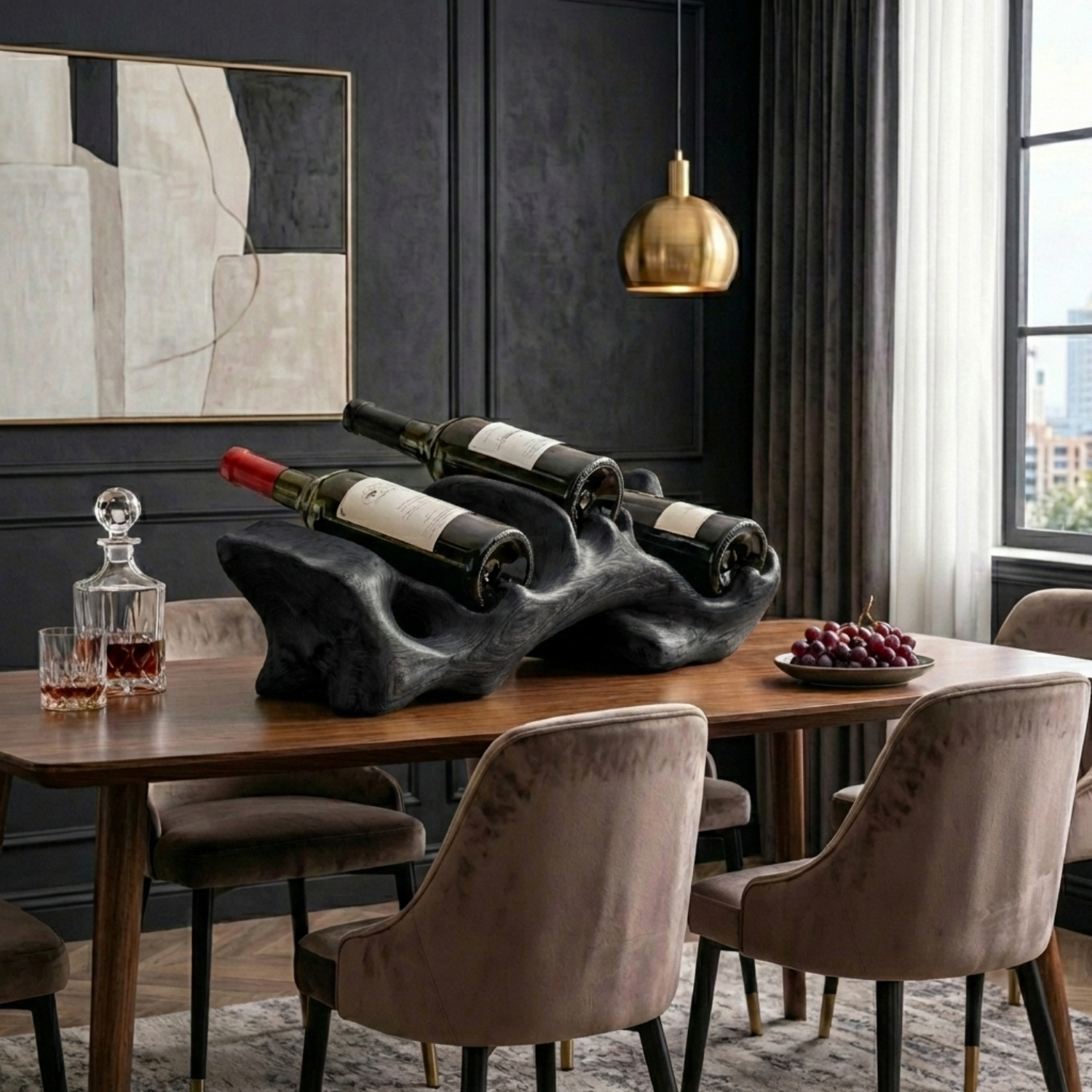 Handcrafted Solid Wood Wine Holder – Organic Sculptural Tabletop Wine Rack