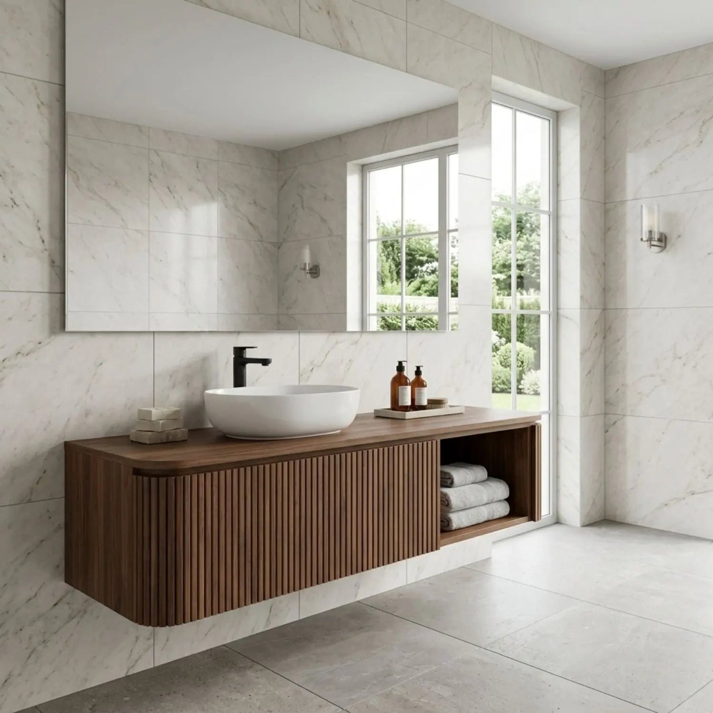 Floating Bathroom Vanity with Fluted Wood Front and Open Shelf Storage Kitchnce