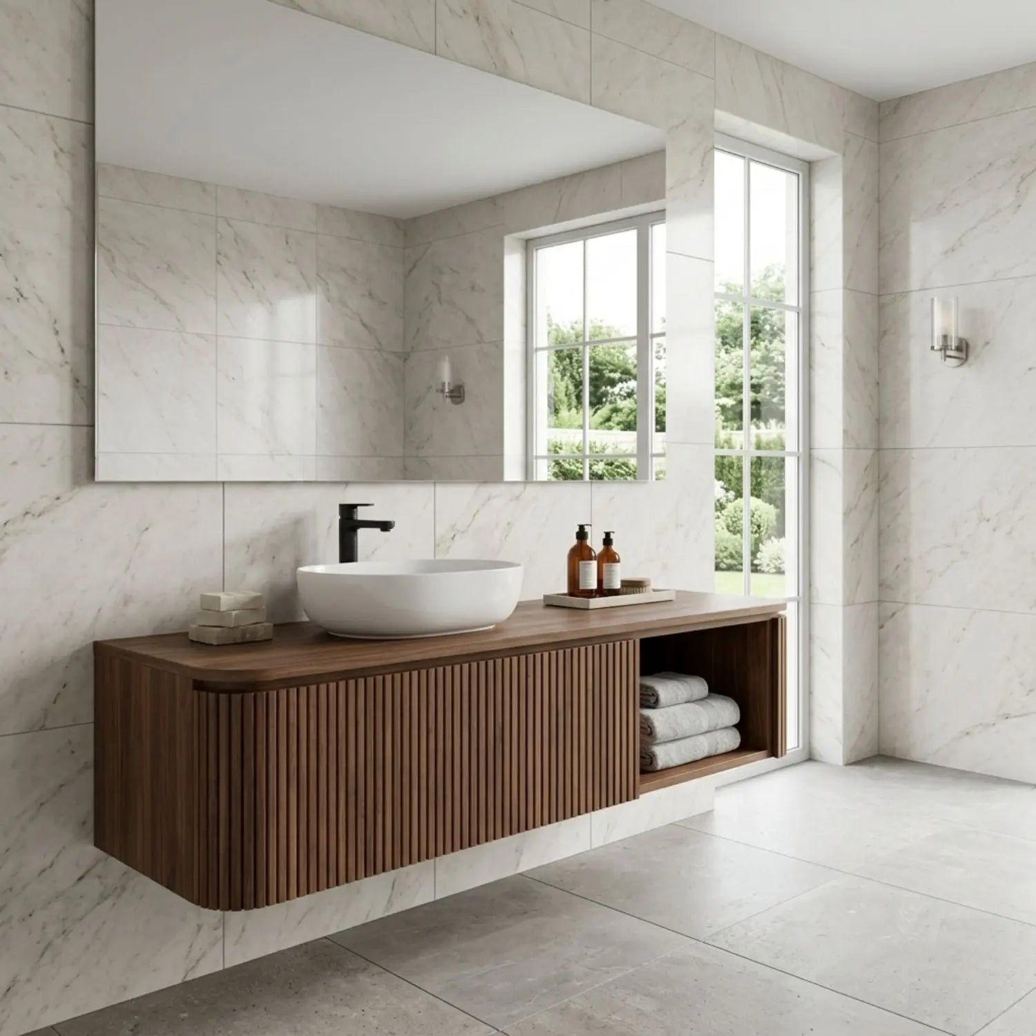 Floating Bathroom Vanity with Fluted Wood Front and Open Shelf Storage Kitchnce