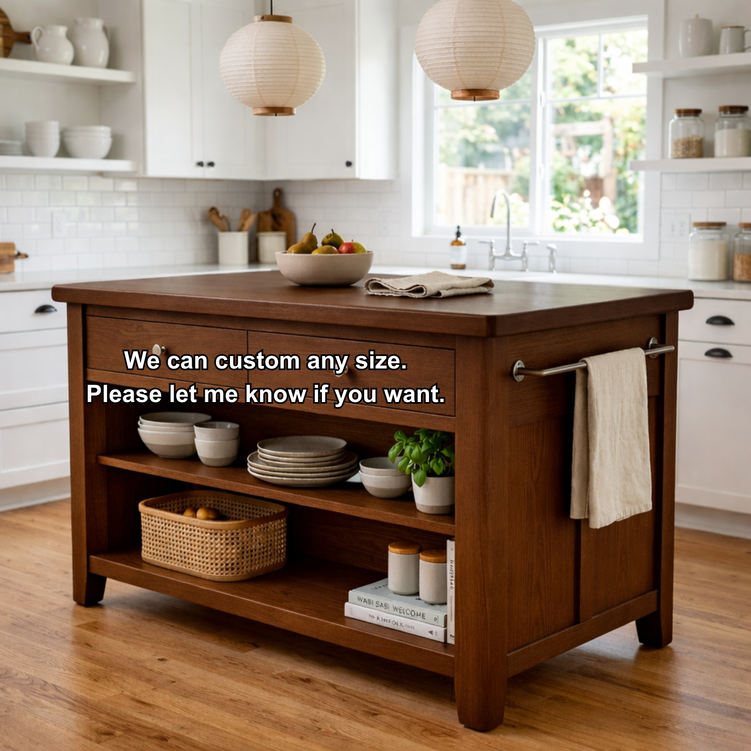 Solid Wood Kitchen Island with Drawers, Open Shelves and Towel Bar – Farmhouse Prep Table