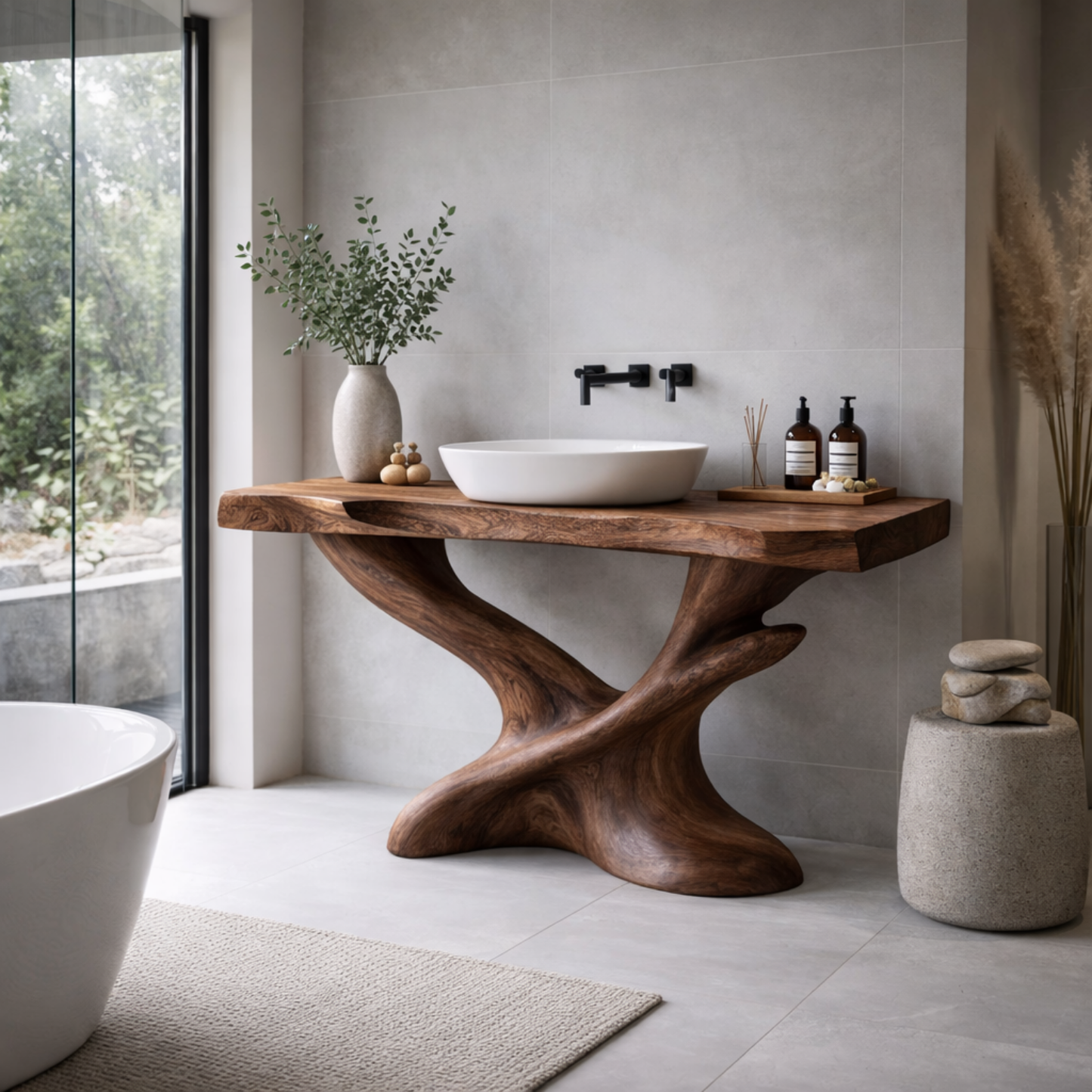 Handcrafted Solid Wood Bathroom Vanity – Sculptural Modern Pedestal Sink Table