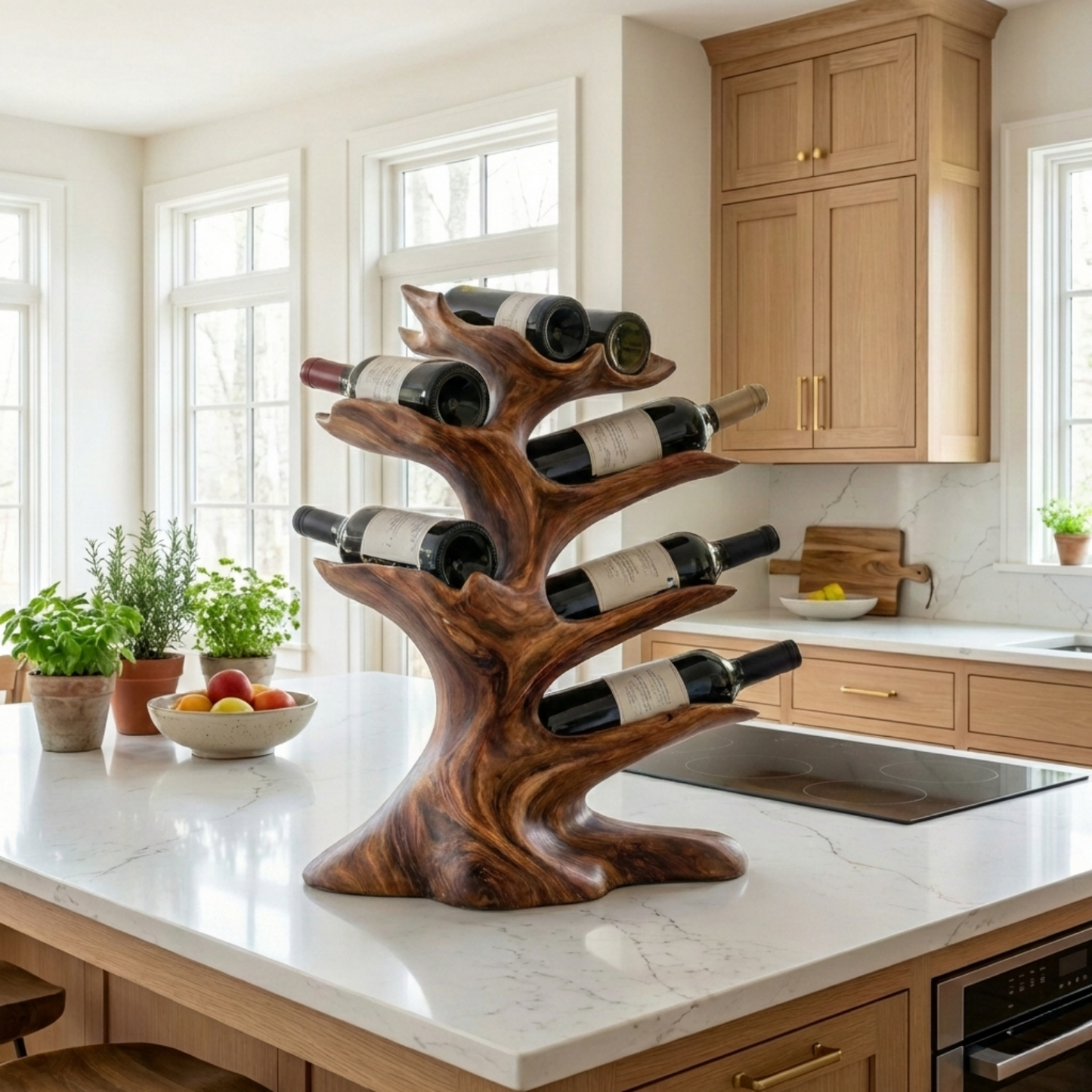 Handcrafted Solid Wood Wine Holder – Tree-Inspired Sculptural Countertop Wine Rack