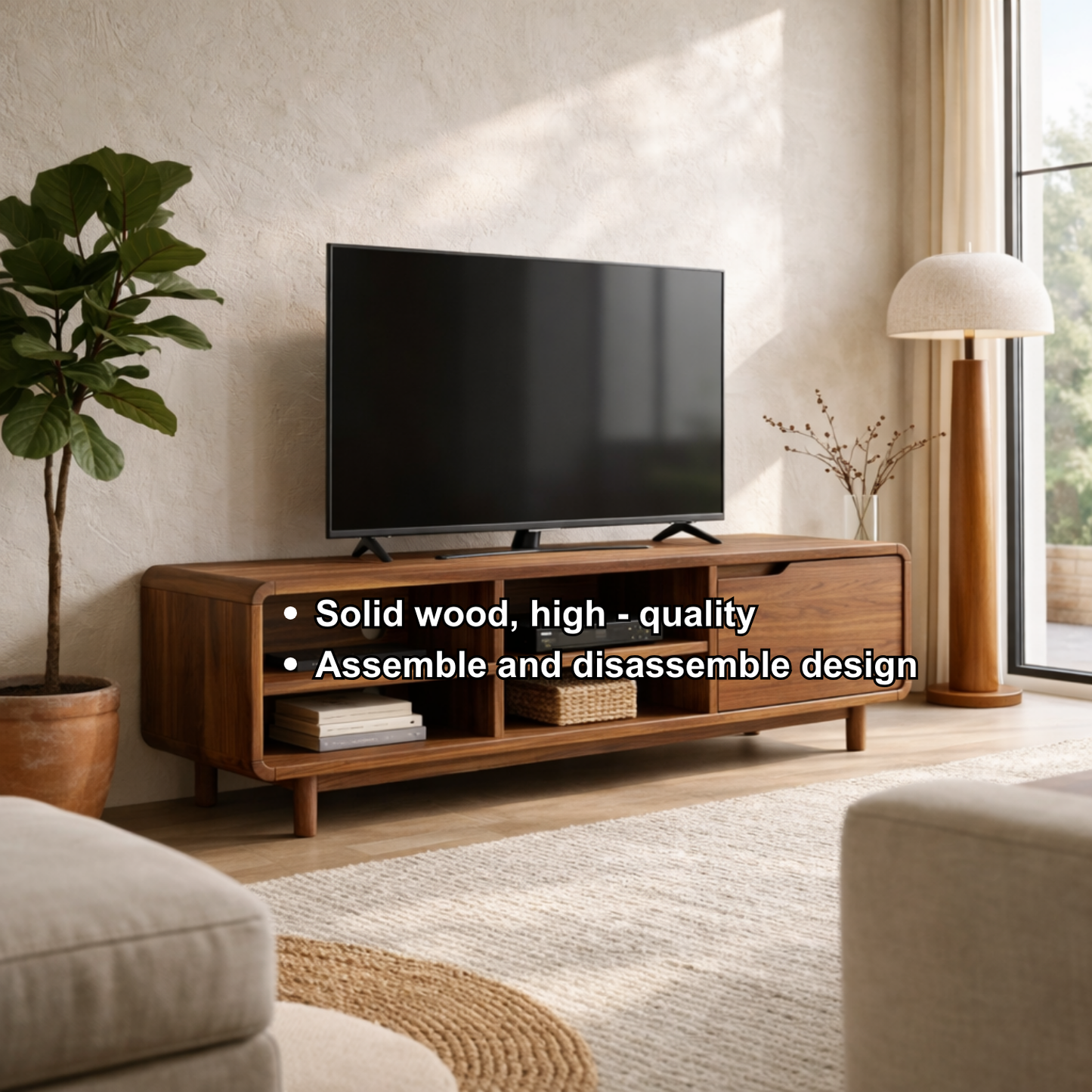 Solid Wood TV Stand with Open Shelves and Sliding Door – Mid-Century Modern Media Console Kitchnce