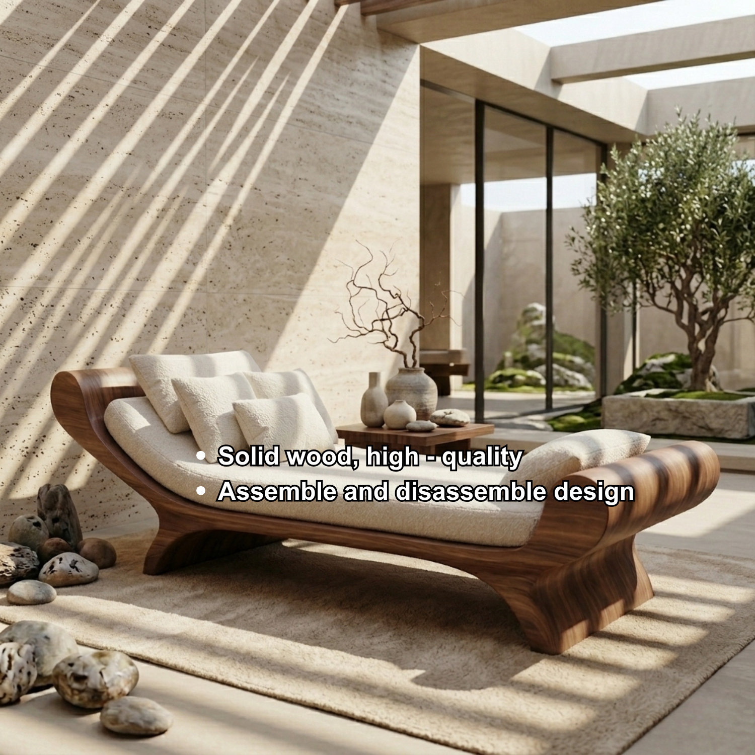 Solid Wood Daybed Frame with Sculptural Curved Design – Modern Minimalist Lounge Bed Kitchnce