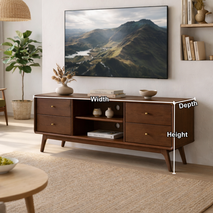Solid Wood TV Stand with Drawers and Open Shelf – Mid-Century Modern Media Console Kitchnce
