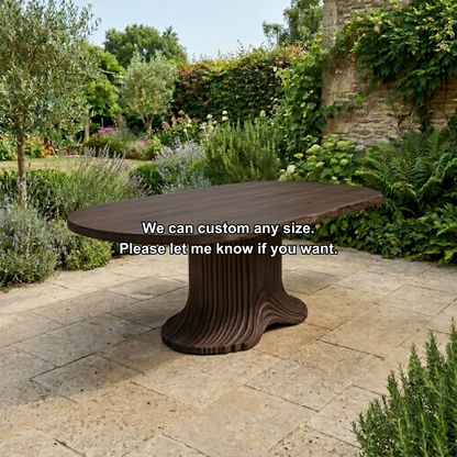 Solid Wood Outdoor Dining Table Oval Live Edge with Sculptural Fluted Pedestal