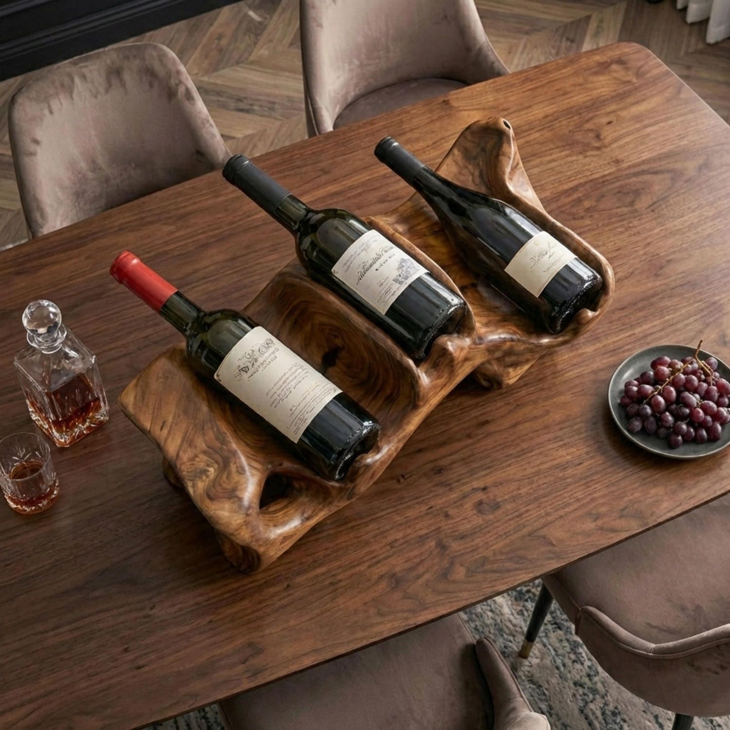 Handcrafted Solid Wood Wine Holder – Organic Sculptural Tabletop Wine Rack