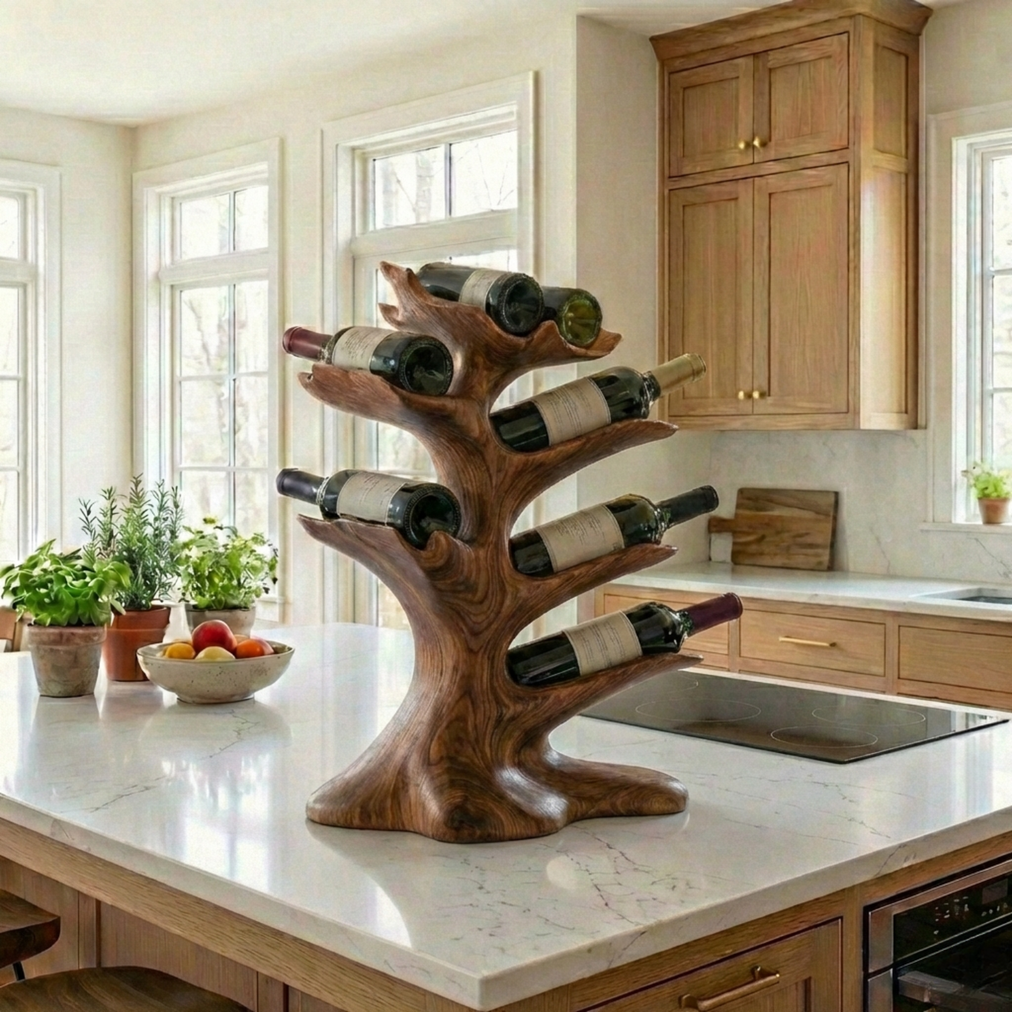 Handcrafted Solid Wood Wine Holder – Tree-Inspired Sculptural Countertop Wine Rack
