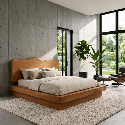 Live Edge Solid Wood Platform Bed Frame with Sculpted Natural Headboard