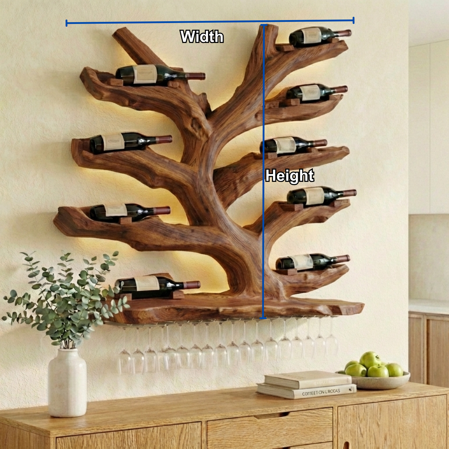 Handcrafted Solid Wood Wall Wine Holder – Tree-Inspired Wine Rack with Glass Storage