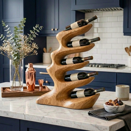 Handcrafted Solid Wood Wine Holder – Sculptural Wave Countertop Wine Rack