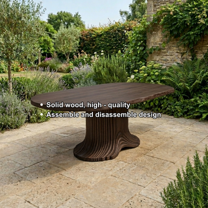 Solid Wood Outdoor Dining Table Oval Live Edge with Sculptural Fluted Pedestal