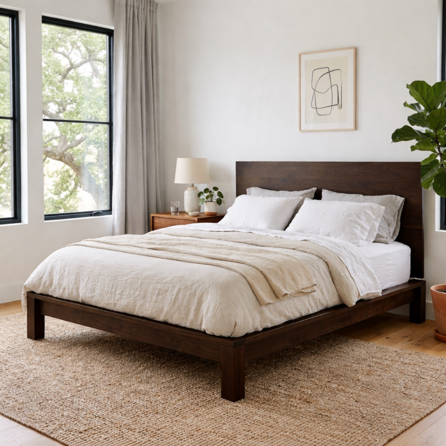 Minimalist Solid Wood Platform Bed Frame with Clean Panel Headboard