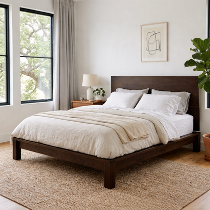 Minimalist Solid Wood Platform Bed Frame with Clean Panel Headboard