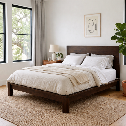 Minimalist Solid Wood Platform Bed Frame with Clean Panel Headboard