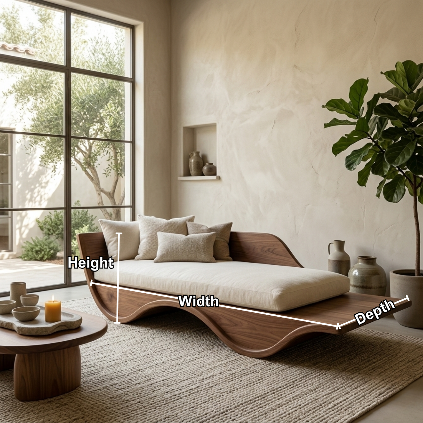 Solid Wood Curved Daybed Frame – Modern Minimalist Wave Design Lounge Bed Kitchnce