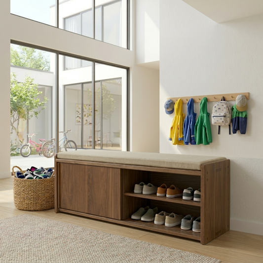 Solid Wood Shoe Storage Bench with Sliding Door & Open Shelf – Entryway Shoe Bench