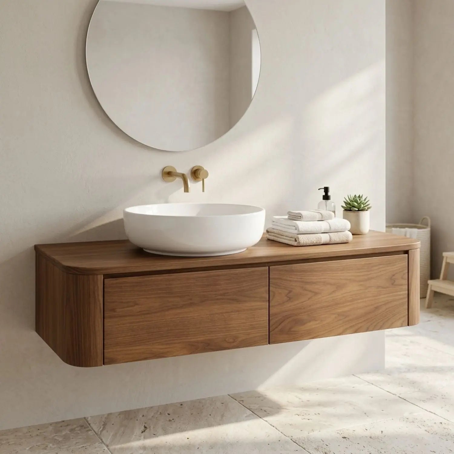 Floating Bathroom Vanity with Rounded Corners and Two Drawer Storage Cabinet Kitchnce