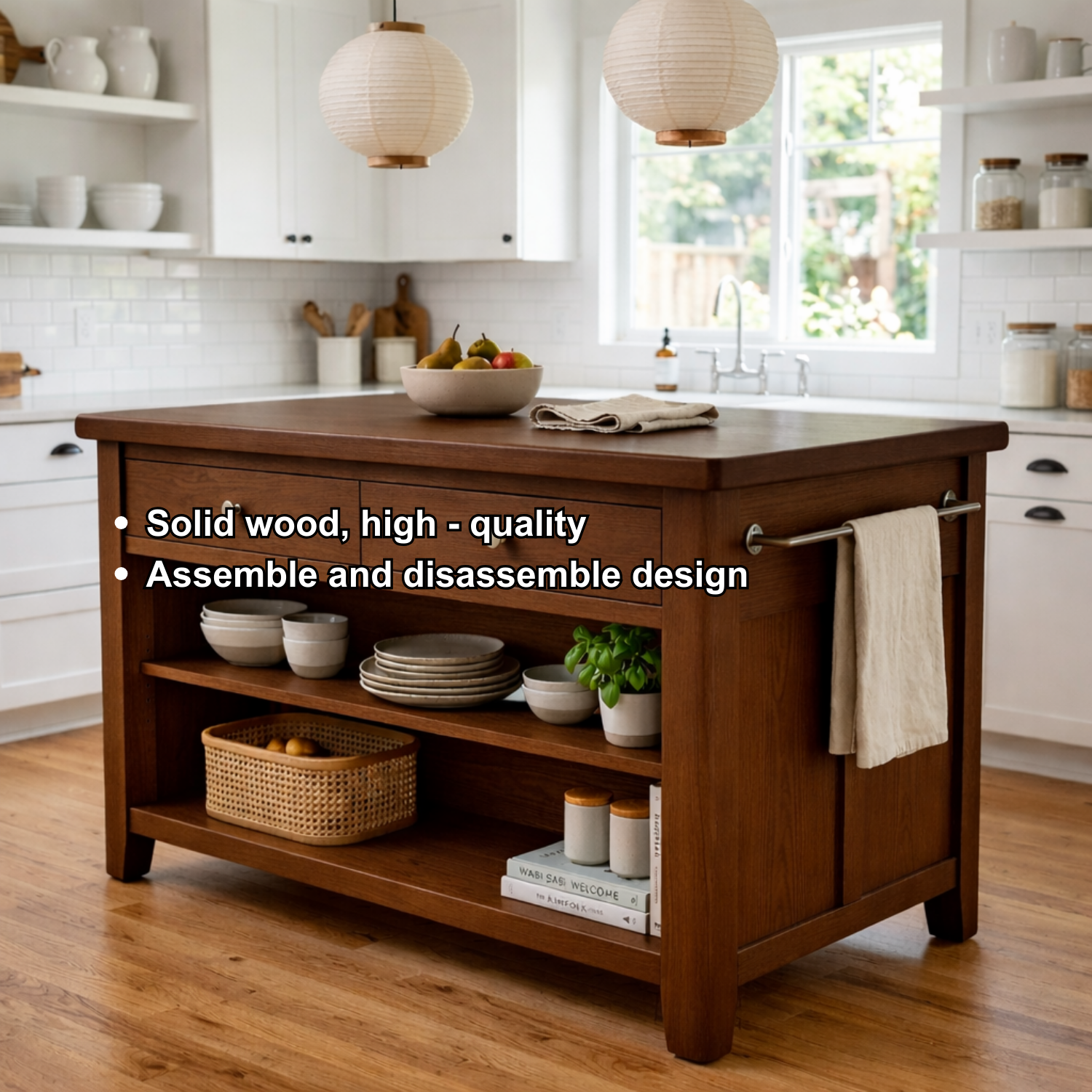 Solid Wood Kitchen Island with Drawers, Open Shelves and Towel Bar – Farmhouse Prep Table