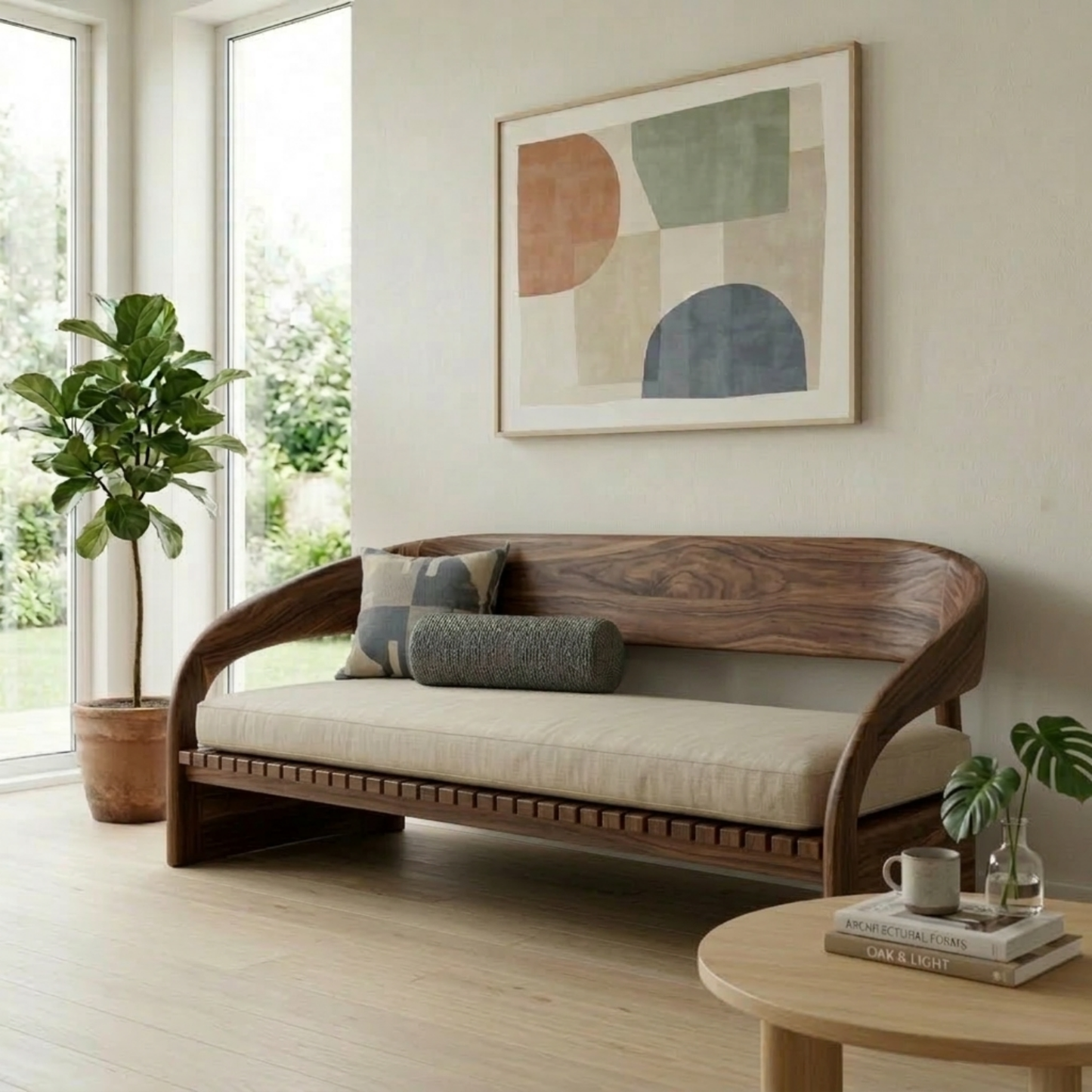 Modern Solid Wood Daybed with Curved Backrest and Upholstered Seat
