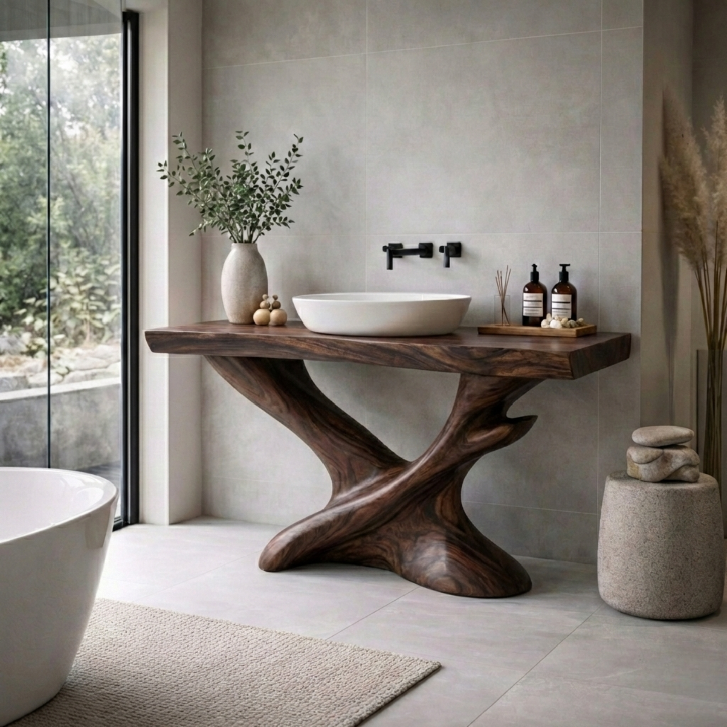 Handcrafted Solid Wood Bathroom Vanity – Sculptural Modern Pedestal Sink Table