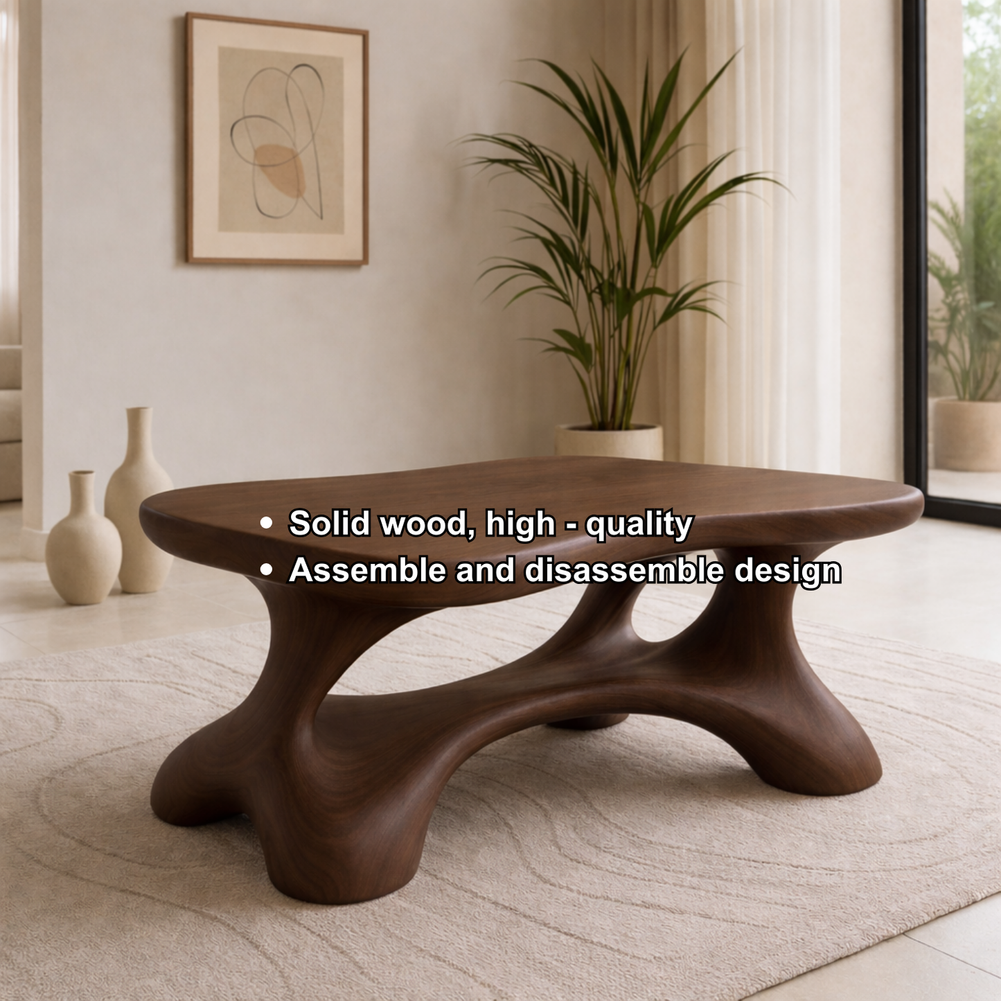 Solid Wood Sculptural Coffee Table with Organic Curved Base Kitchnce