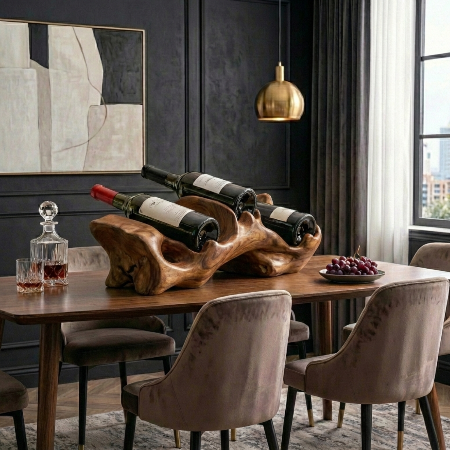 Handcrafted Solid Wood Wine Holder – Organic Sculptural Tabletop Wine Rack