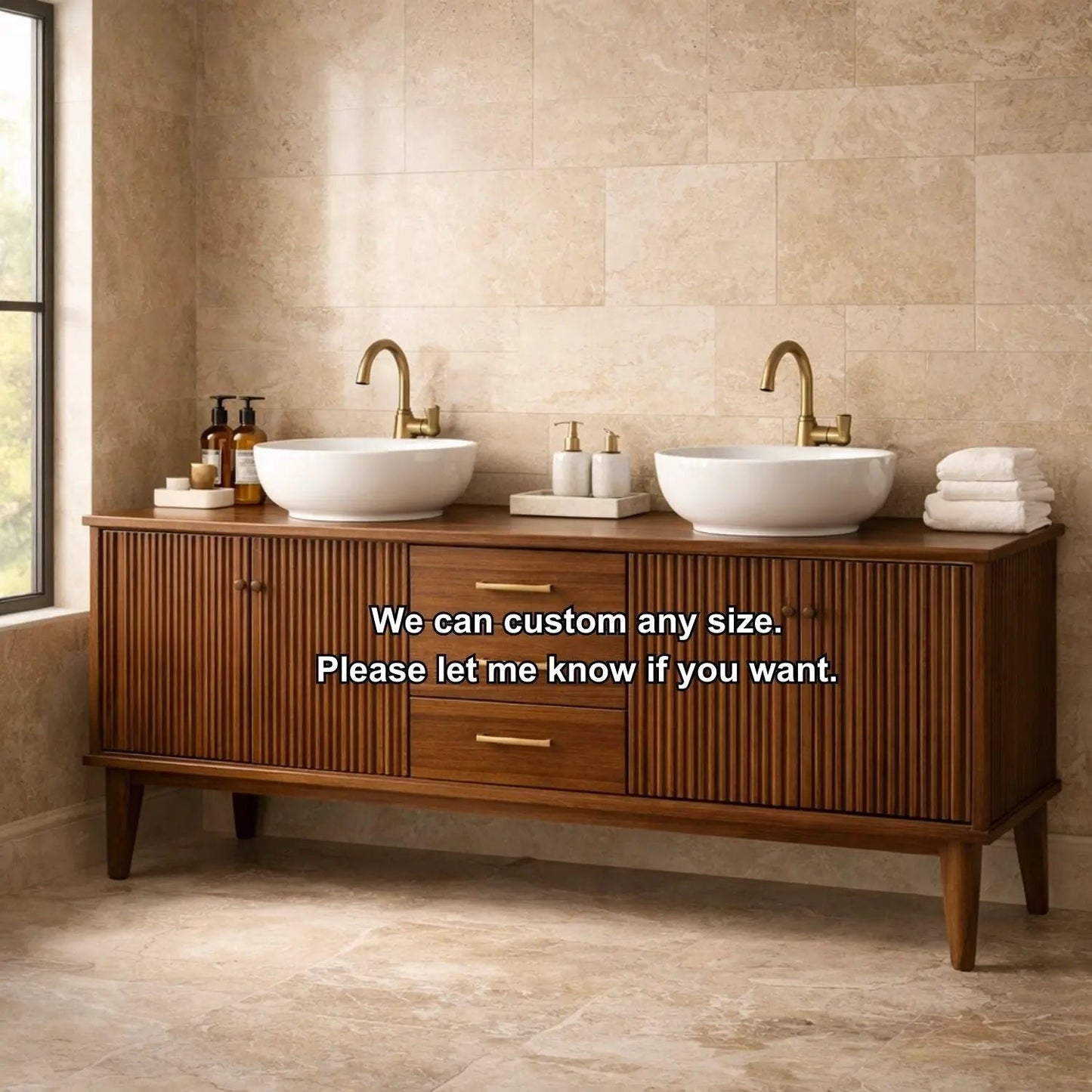 Handcrafted Fluted Freestanding Double Vanity - Solid Wood Mid-Century Modern Cabinet Kitchnce