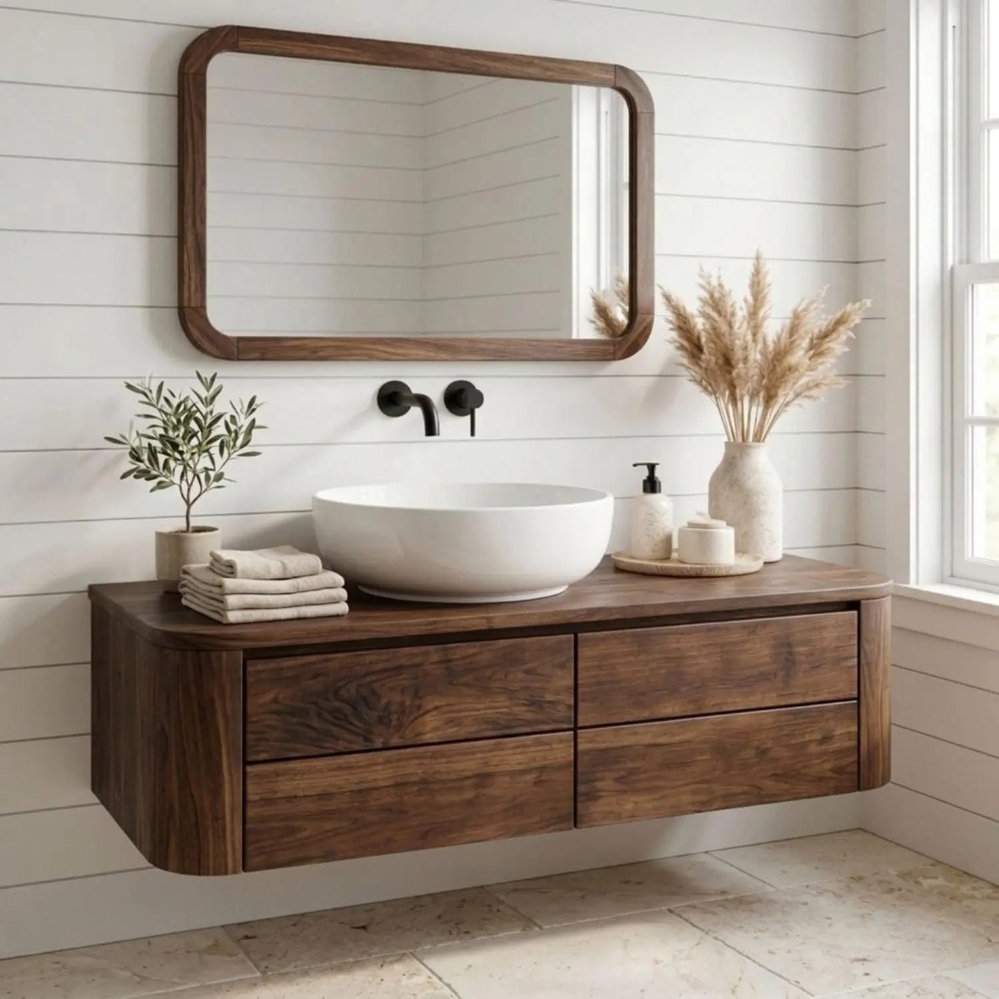 Floating Bathroom Vanity with Rounded Edges and Four Drawer Storage Cabinet Kitchnce