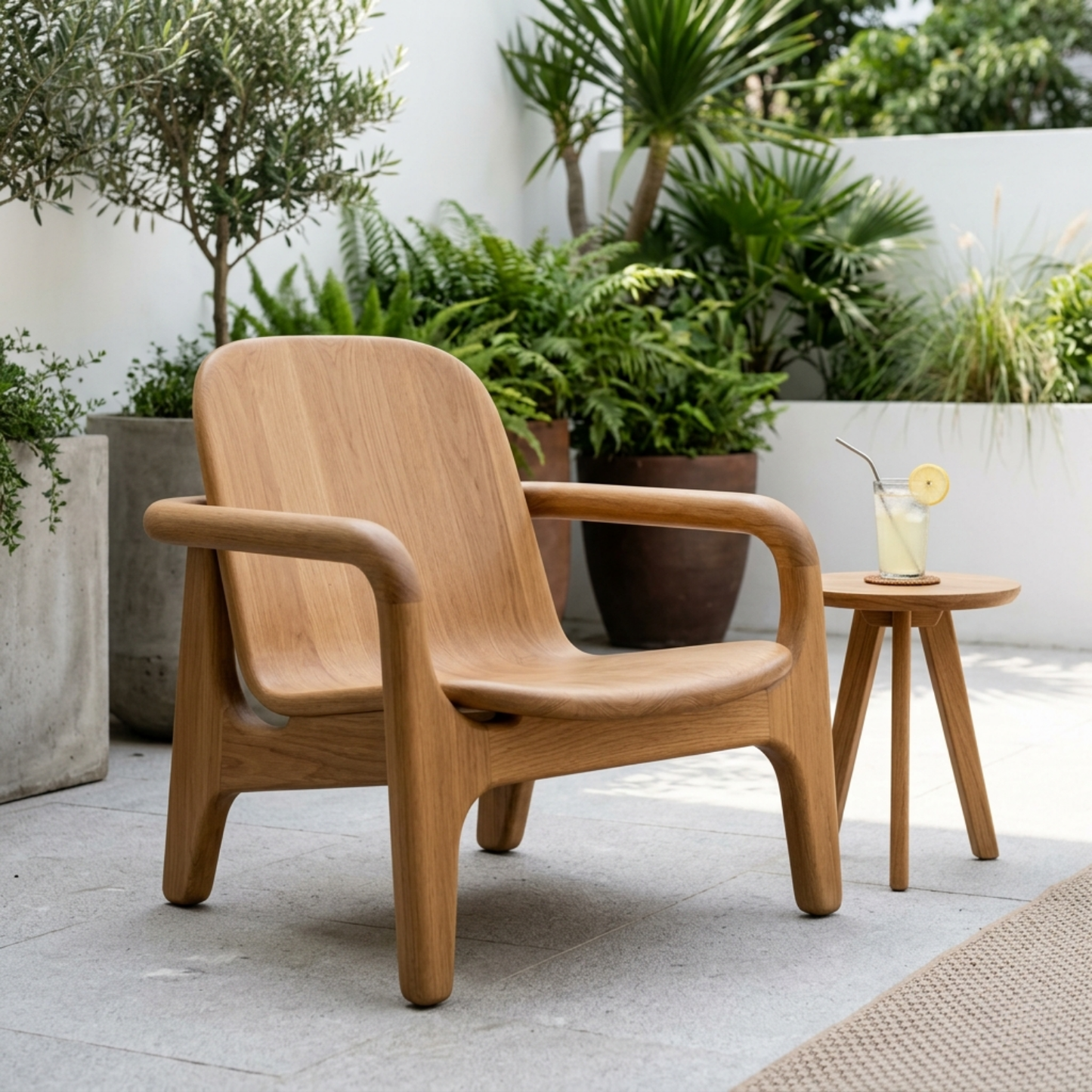 Curved Solid Wood Lounge Chair with Sculpted Armrests for Outdoor Patio