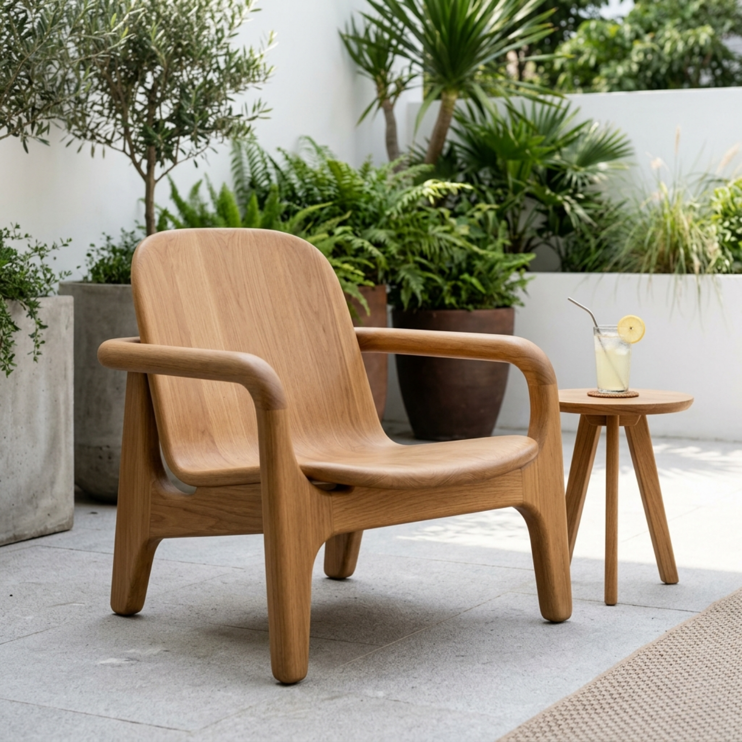 Curved Solid Wood Lounge Chair with Sculpted Armrests for Outdoor Patio