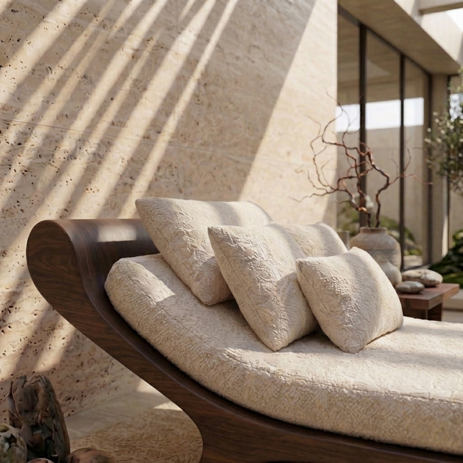 Solid Wood Daybed Frame with Sculptural Curved Design – Modern Minimalist Lounge Bed Kitchnce
