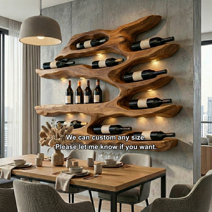 Handcrafted Solid Wood Wall Wine Holder – Live Edge Sculptural Wine Rack with Glass Holder